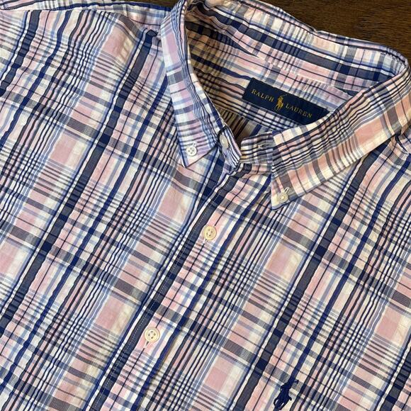 Polo Ralph Lauren Other - Polo Ralph Lauren Shirt Pink‎ Blue Plaid Seersucker Short Sleeve Pony Men’s XL
